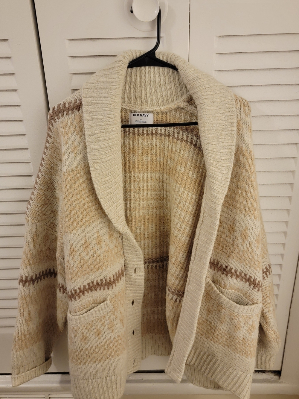 Old Navy Cream and Tan Shawl Collar Knit Sweater
